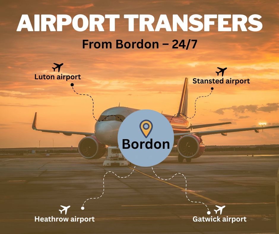 Map-style illustration of Bordon with airport transfer routes to major UK airports including Heathrow, Gatwick, Luton and Stansted.